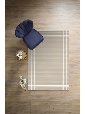 Napoli Home Dijital Sade Çizgili Dikdörtgen Model Yıkanabilir Kaymaz Yolluk Mutfak Salon Halısı, Sade-85-Bej,