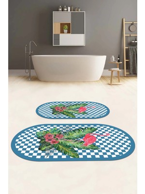 Napoli Home Dijital Yıkanabilir Kaymaz Flamingo Desenli Oval Banyo Paspası Klozet Takımı, Klozet-62-Turkuaz,