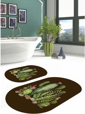 Napoli Home Dijital Yıkanabilir Kaymaz Kaktüs Desenli Oval Banyo Paspası Klozet Takımı, Klozet-63-Kahve,