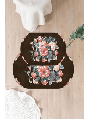 Napoli Home Dijital Baskılı Yıkanabilir Kaymaz Çiçek Detaylı Oval Banyo Paspası Klozet Takımı, Klozet-99-Kahve,