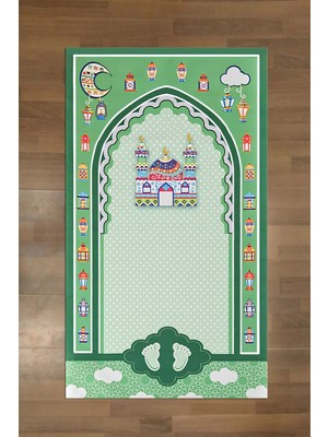 Napoli Home Dijital Baskılı Kaymaz Taban Yıkanabilir Çocuklar Için Eğitici Namazlık Seccade, Seccade-90-Yeşil,