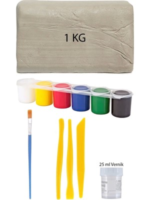 Beyaz Seramik Hamuru 1 kg Kil Plastik Ebeşuar Seti 6X15 ml Akrilik Set 25 ml Partlatma Verniği