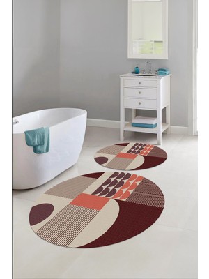 Napoli Home Dijital Yıkanabilir Kaymaz Modern Desen Yuvarlak Banyo Paspası Klozet Takımı, Klozet-59-Bordo,