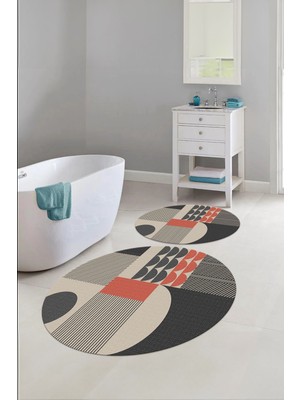 Napoli Home Dijital Yıkanabilir Kaymaz Modern Desen Yuvarlak Banyo Paspası Klozet Takımı, Klozet-59-Gri,