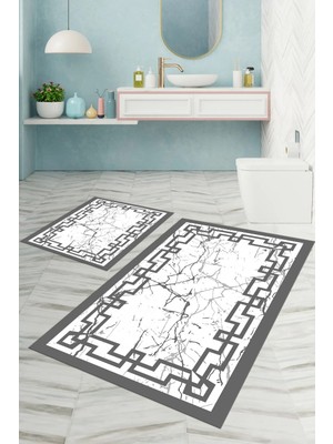 Napoli Home Dijital Baskılı Yıkanabilir Çerçeveli Mermer Model Banyo Paspası Klozet Takımı, Klozet-57-Gri,