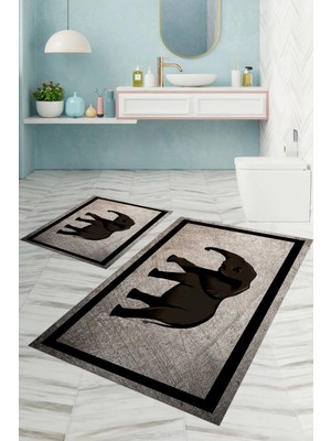 Napoli Home Dijital Baskılı Yıkanabilir Kaymaz Fil Figürlü Banyo Paspası Klozet Takımı, Klozet-58-Kahve,