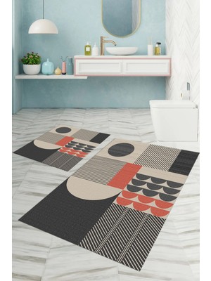 Napoli Home Dijital Baskılı Yıkanabilir Kaymaz Modern Desen Banyo Paspası Klozet Takımı, Klozet-59-Gri,