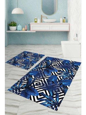 Napoli Home Dijital Baskılı Yıkanabilir Klasik Çiçek Desenli Banyo Paspası Klozet Takımı, Klozet-60-Mavi,