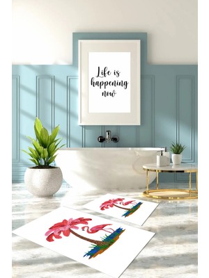 Napoli Home Dijital Baskılı Yıkanabilir Sade Flamingo Desenli Banyo Paspası Klozet Takımı, Klozet-91-Beyaz,