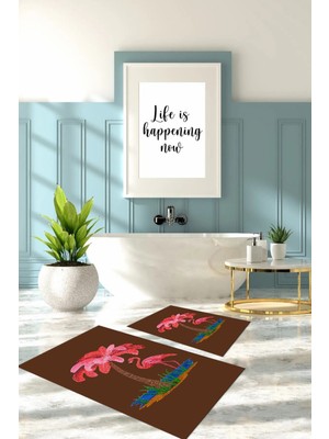 Napoli Home Dijital Baskılı Yıkanabilir Sade Flamingo Desenli Banyo Paspası Klozet Takımı, Klozet-91-Kahve,