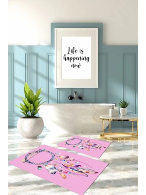 Napoli Home Dijital Baskılı Yıkanabilir Kaymaz Kuş Tüyü Desenli Banyo Paspası Klozet Takımı, Klozet-92-Pembe,