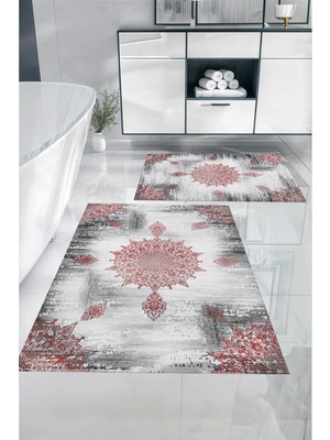 Napoli Home Dijital Baskılı Yıkanabilir Sade Vektörel Desenli Banyo Paspası Klozet Takımı, Klozet-95-Bordo,