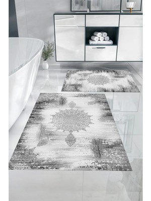 Napoli Home Dijital Baskılı Yıkanabilir Sade Vektörel Desenli Banyo Paspası Klozet Takımı, Klozet-95-Gri,