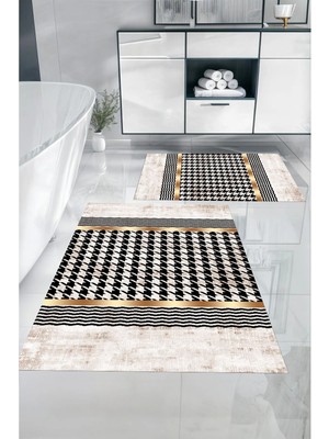 Napoli Home Dijital Baskılı Yıkanabilir Kaymaz Sade Modern Banyo Paspası Klozet Takımı, Klozet-96-Gold,