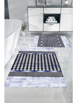 Napoli Home Dijital Baskılı Yıkanabilir Kaymaz Sade Modern Banyo Paspası Klozet Takımı, Klozet-96-Lacivert,