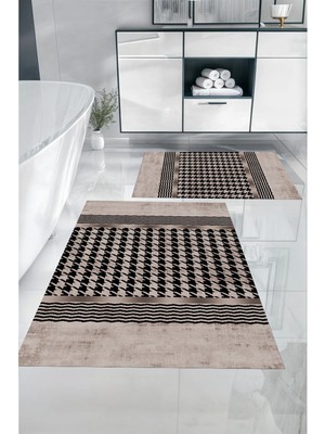 Napoli Home Dijital Baskılı Yıkanabilir Kaymaz Sade Modern Banyo Paspası Klozet Takımı, Klozet-96-Vizon,