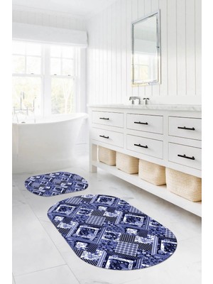 Napoli Home Dijital Yıkanabilir Klasik Çiçek Desenli Oval Banyo Paspası Klozet Takımı, Klozet-80-Lacivert,