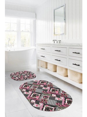 Napoli Home Dijital Yıkanabilir Klasik Çiçek Desenli Oval Banyo Paspası Klozet Takımı, Klozet-80-Pembe,
