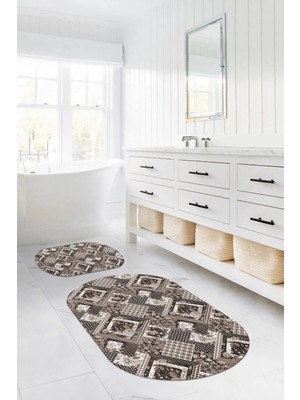 Napoli Home Dijital Yıkanabilir Klasik Çiçek Desenli Oval Banyo Paspası Klozet Takımı, Klozet-80-Vizon,