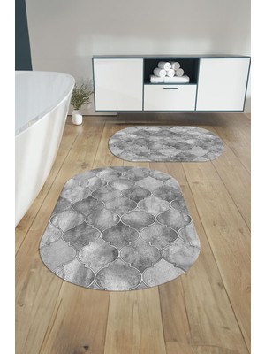 Napoli Home Dijital Yıkanabilir Kaymaz Kupa Desenli Oval Banyo Paspası Klozet Takımı, Klozet-81-Gri,