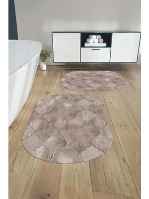 Napoli Home Dijital Yıkanabilir Kaymaz Kupa Desenli Oval Banyo Paspası Klozet Takımı, Klozet-81-Vizon,