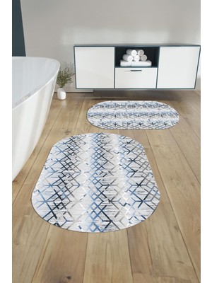 Napoli Home Dijital Yıkanabilir Kaymaz Çizgi Desenli Oval Banyo Paspası Klozet Takımı, Klozet-82-Lacivert,