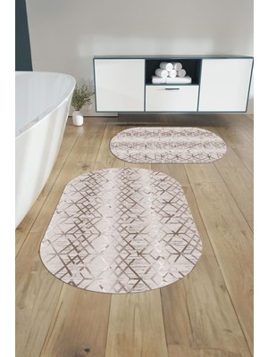 Napoli Home Dijital Yıkanabilir Kaymaz Çizgi Desenli Oval Banyo Paspası Klozet Takımı, Klozet-82-Vizon,