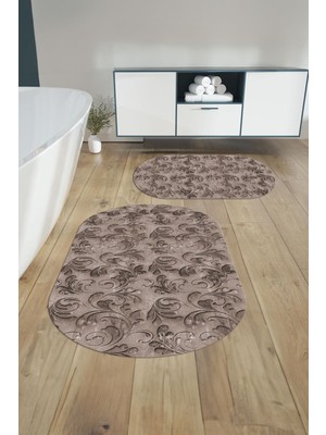 Napoli Home Dijital Yıkanabilir Kaymaz Akrilik Desenli Oval Banyo Paspası Klozet Takımı, Klozet-83-Vizon,