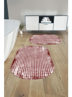 Napoli Home Dijital Yıkanabilir Kare Desen Detaylı Oval Banyo Paspası Klozet Takımı, Klozet-84-Bordo,