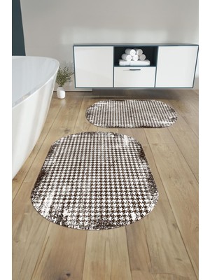 Napoli Home Dijital Yıkanabilir Kare Desen Detaylı Oval Banyo Paspası Klozet Takımı, Klozet-84-Kahve,