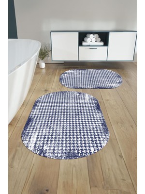 Napoli Home Dijital Yıkanabilir Kare Desen Detaylı Oval Banyo Paspası Klozet Takımı, Klozet-84-Lacivert,