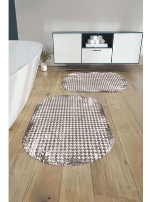 Napoli Home Dijital Yıkanabilir Kare Desen Detaylı Oval Banyo Paspası Klozet Takımı, Klozet-84-Vizon,