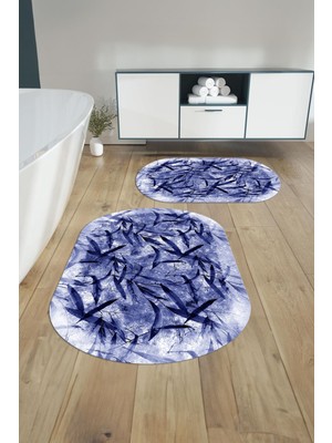 Napoli Home Dijital Yıkanabilir Kaymaz Yaprak Motifli Oval Banyo Paspası Klozet Takımı, Klozet-85-Lacivert,