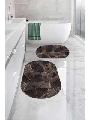 Napoli Home Dijital Baskılı Yıkanabilir Geometrik Desenli Oval Banyo Paspası Klozet Takımı, Klozet-87-Vizon,