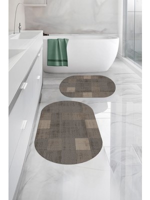 Napoli Home Dijital Yıkanabilir Kaymaz Kilim Görünümlü Oval Banyo Paspası Klozet Takımı, Klozet-88-Kahve,