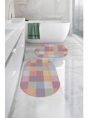 Napoli Home Dijital Yıkanabilir Kaymaz Kilim Görünümlü Oval Banyo Paspası Klozet Takımı, Klozet-88-Renkli,