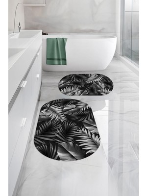 Napoli Home Dijital Yıkanabilir Modern Yaprak Desenli Oval Banyo Paspası Klozet Takımı, Klozet-89-Gri,