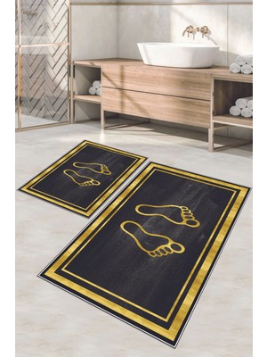 Napoli Home Dijital Baskılı Yıkanabilir Kaymaz Ayak Baskılı Banyo Paspası Klozet Takımı, Klozet-51-Gold,