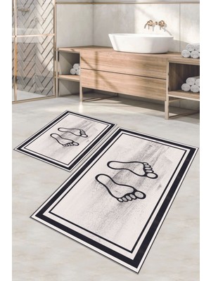 Napoli Home Dijital Baskılı Yıkanabilir Kaymaz Ayak Baskılı Banyo Paspası Klozet Takımı, Klozet-51-Krem,