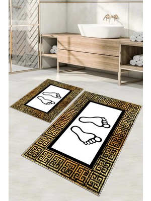 Napoli Home Dijital Baskılı Yıkanabilir Çerçeveli Ayak Baskılı Banyo Paspası Klozet Takımı, Klozet-52-Gold,