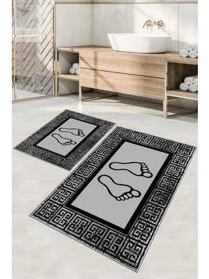 Napoli Home Dijital Baskılı Yıkanabilir Çerçeveli Ayak Baskılı Banyo Paspası Klozet Takımı, Klozet-52-Gri,