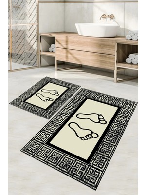 Napoli Home Dijital Baskılı Yıkanabilir Çerçeveli Ayak Baskılı Banyo Paspası Klozet Takımı, Klozet-52-Krem,