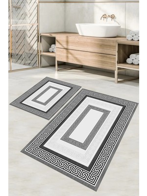 Napoli Home Dijital Baskılı Yıkanabilir Kaymaz Klasik Model Banyo Paspası Klozet Takımı, Klozet-53-Gri,