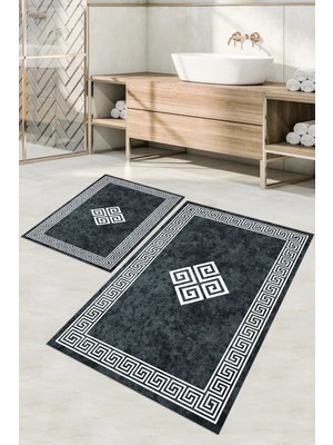 Napoli Home Dijital Baskılı Yıkanabilir Çerçeveli Klasik Model Banyo Paspası Klozet Takımı, Klozet-54-Antrasit,