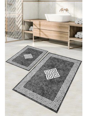 Napoli Home Dijital Baskılı Yıkanabilir Çerçeveli Klasik Model Banyo Paspası Klozet Takımı, Klozet-54-Gri,