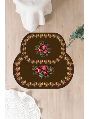 Napoli Home Dijital Yıkanabilir Çerçeveli Çiçek Desenli Oval Banyo Paspası Klozet Takımı, Klozet-100-Kahve,