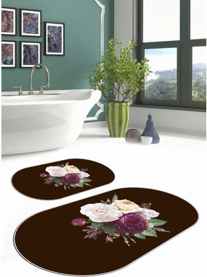 Napoli Home Dijital Yıkanabilir Kaymaz Çiçek Motifli Oval Banyo Paspası Klozet Takımı, Klozet-65-Kahve,