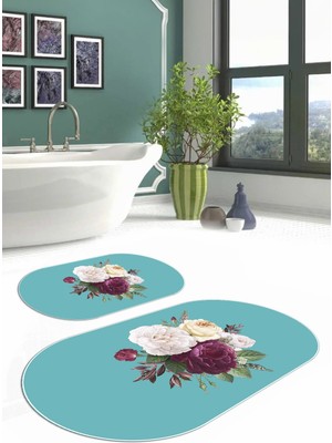 Napoli Home Dijital Yıkanabilir Kaymaz Çiçek Motifli Oval Banyo Paspası Klozet Takımı, Klozet-65-Turkuaz,