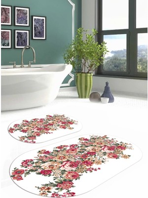 Napoli Home Dijital Yıkanabilir Renkli Çiçek Desenli Oval Banyo Paspası Klozet Takımı, Klozet-66-Beyaz,