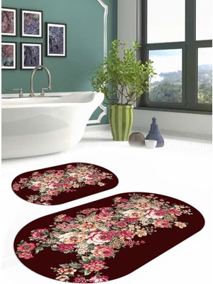 Napoli Home Dijital Yıkanabilir Renkli Çiçek Desenli Oval Banyo Paspası Klozet Takımı, Klozet-66-Bordo,